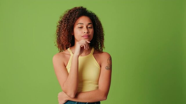 Joy girl shows no gesture set, fun woman or teenager disagrees