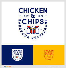 Chicken and Chips logo. Emblem for BBQ restaurant. Font composition with the image of roosters in vintage style.