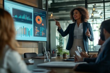 A Dynamic Business Presentation taking place in a Modern and Innovative Office Environment that emphasizes Collaboration and Efficiency among team members to drive success and productivity