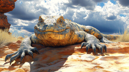 Extinct Megalania, Giant Prehistoric Lizard Resting in Ancient Australian Outback
