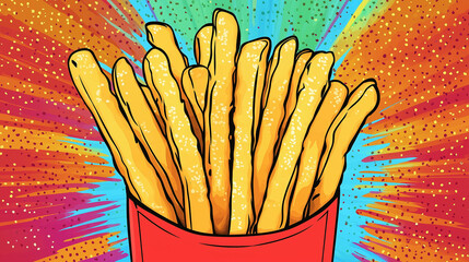 Pop art concept french fries. Colorful background in pop art retro comic style.