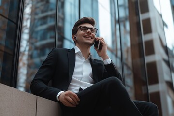 Fototapeta premium A professional businessman, confidently engaged in a conversation amid the vibrant urban setting, reflects ambition and innovation as he networks and strategizes for future successes