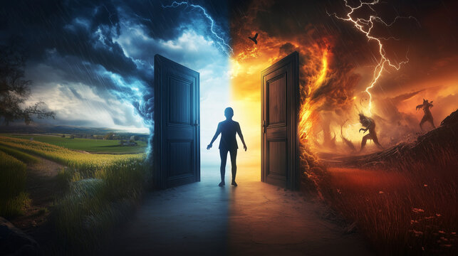 A split image of a person standing between two doors one door opens to a serene landscape with a clear blue sky, lush fields, and a welcoming home, while the other door reveals a stormy, chaotic world
