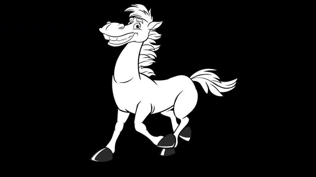 Horse gallop running -  animation cycle.
 Black and white cartoon loop animation of a running smiling horse. 
