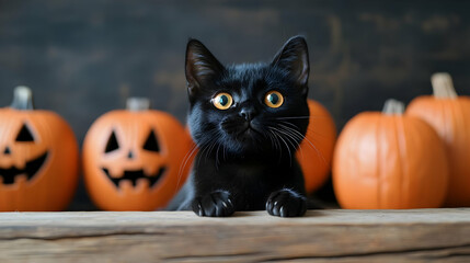 Black Cat with Jack O Lantern Pumpkins for Halloween