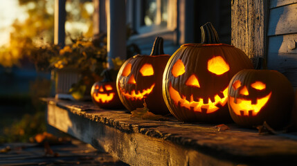 Obraz premium Decoratively carved pumpkins glowing on a wooden porch during a beautiful autumn evening in a scenic setting
