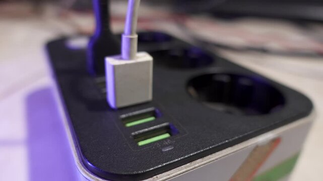 CU of USB cable plugged into power outlet. Modern convenient multi-port USB charger for devices