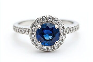 A beautiful silver ring featuring a central blue gemstone surrounded by smaller diamonds.