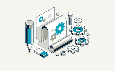 Mechanical engineering project concept, engine draft plan drawing, technical scheme blueprint, paper sheet with gears 3D isometric vector illustration, repair tutorial.
