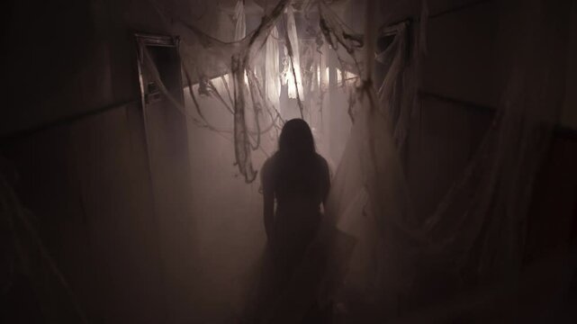 Ghost in abandoned house in the middle of cobweb. Horror scene of scary of young woman. Halloween