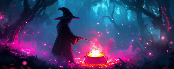 Witch stirring a cauldron filled with glowing candy
