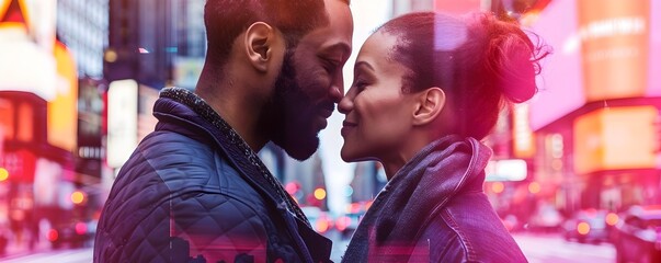 Affectionate Couple Sharing a Tender Embrace Over a Sonogram in a Vibrant City Nightscape