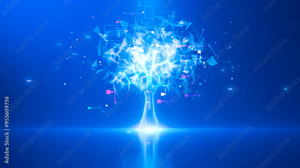 Poster abstract glowing tree on blue background. technology growth and digital transformation.