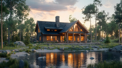 Obraz premium Cozy Log Cabin Lakefront Sunset View