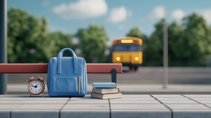 A 3D scene of a school bag, book, and alarm clock set against a backdrop of a school playground, ready for the bell to ring