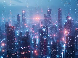 Futuristic cityscape with electric currents connecting advanced skyscrapers symbolizing technology and connectivity