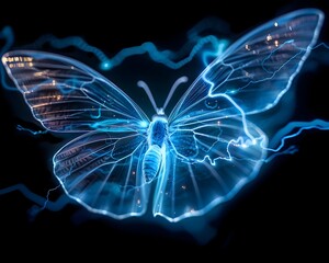 Glowing Blue Butterfly with Electrifying Trails on Dark Background