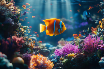 Obraz premium Underwater with colorful sea life fishes and plant at seabed background, Colorful Coral reef landscape in the deep of ocean. Marine life concept, Underwater world scene
