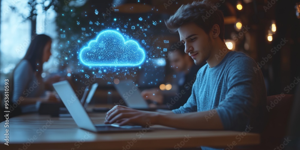 Poster Modern Business and Cloud Computing A Future of Work and Employee Productivity in the Digital Age, Highlighting Technology and Networkings Role in Entrepreneurship and Telecommuting