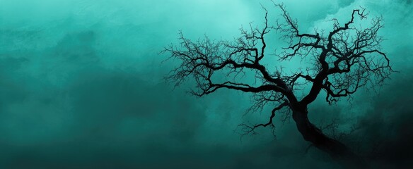 Sophisticated Halloween Banner with Spooky Tree Silhouette on Dark Teal Gradient