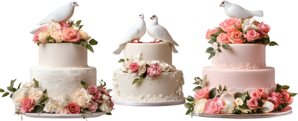 collection of wedding cakes decorated with flowers. Multi-tiered cakes. Wedding cake with two white doves. Isolated on a transparent background.