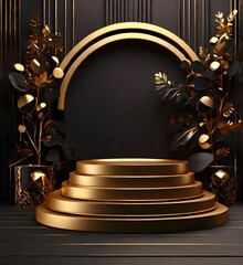 The podium is dark in color against a background of golden decorations. Dark gold luxury style. 3D illustration, 3D render. Generative AI

