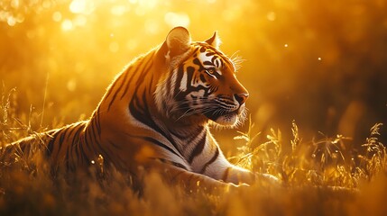 A majestic tiger rests in a field of tall grass, bathed in the warm glow of the setting sun.