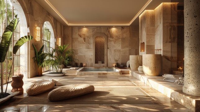This image features an opulent indoor pool area with natural light, elegant architecture, and plush seating amidst lush greenery