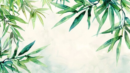 Obraz premium Watercolor bamboo frame with lush green leaves and soft tones.