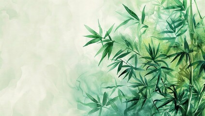 Watercolor bamboo leaves with a soft green background.