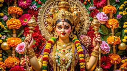 Fototapeta premium A Devout Hindu Worships A Golden Idol Of The Goddess Durga Mata, Adorned With Intricate Jewelry And Surrounded By Vibrant Flowers.