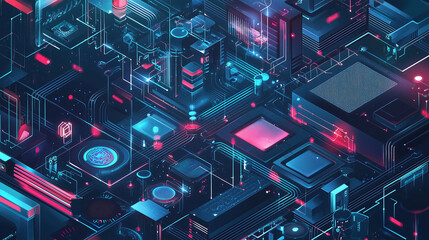 Fototapeta premium Isometric illustration of an abstract digital tech background, showcasing the vibrant colors and intricate details of circuit boards, chipsets, and data cables in neon blue and pink hues