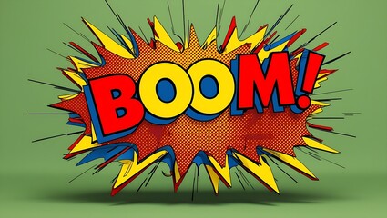 Pop art background with the word 'Boom!' in bold, bright colors and dynamic explosion lines. Includes a halftone pattern for a vintage comic look and a solid background to emphasize the word.