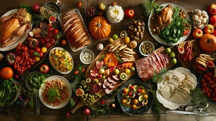 Fototapeta premium World Food Day banner. Day of healthy eating. October 16. Top view, colorful appetizing composition of various food products on the table