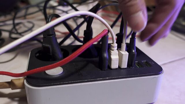 Remove cable from socket. Overloaded socket and USB multi-port. Modern convenient USB multi-port charger for devices