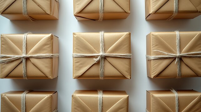 Nine square parcels wrapped in brown paper and tied with twine.