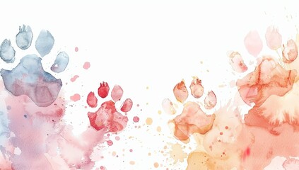 Watercolor illustration of colorful paw prints with a soft abstract background.