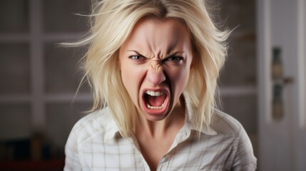 Beautiful Young Caucasian Woman Screaming Out of Anger Straight in the Camera. Neural network ai generated art