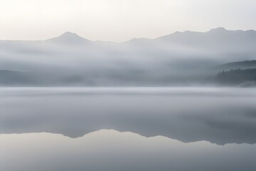 Obraz premium A calm foggy lake surface with distant mountains, Ai Generated