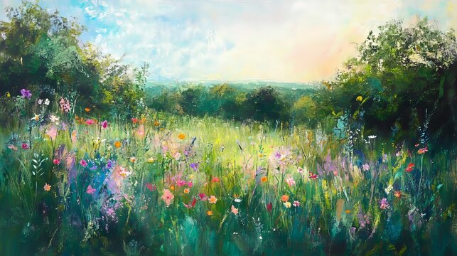 beautiful spring windflower meadow, featuring bright sunshine, lush greenery, and an enchanting woodland backdrop, evoking a sense of hope and nostalgia.