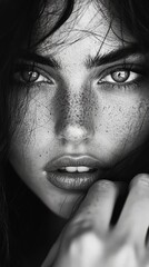 Fototapeta premium Close-Up Black and White Portrait of a Woman with Freckles and Intense Gaze in High Contrast Lighting