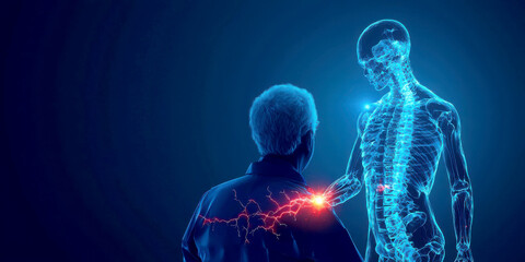 A futuristic interaction between a human and a digital skeleton, showcasing the connection between life and technology.