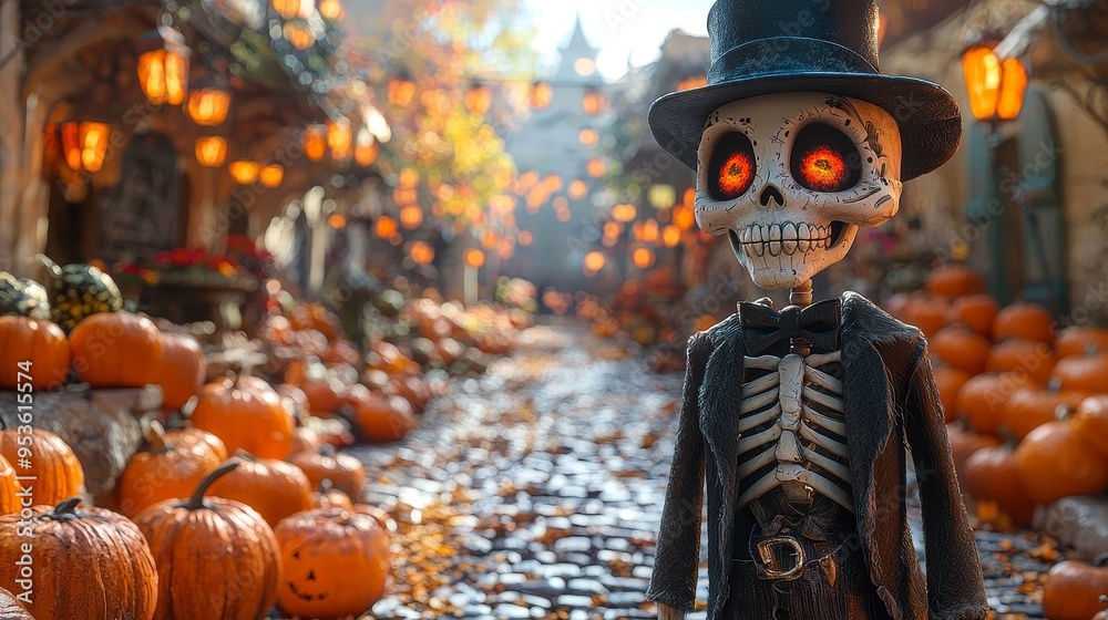 Poster Skeleton in a black robe with festive pumpkins, a Halloween theme.