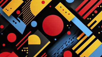 Obraz premium High contrast geometric shapes in vibrant colors create dynamic visual experience. This abstract design features circles, lines, and rectangles in red, yellow, blue, and black.