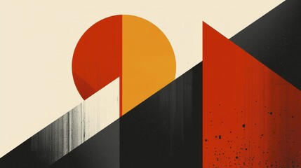 Abstract design featuring geometric shapes and bold colors, including large orange circle and angular red and black elements, creating striking visual impact.