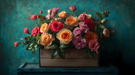 Obraz premium A bouquet of colorful roses in a wooden box on a blue table.