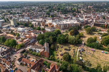 Fototapeta premium Aerial drone shot over the town of Bishops Stortford in England