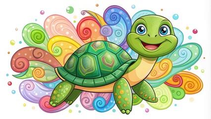 Obraz premium Adorable hand-drawn cartoon turtle with bright green shell and big smile, surrounded by colorful swirls and patterns, on a white background with subtle texture.