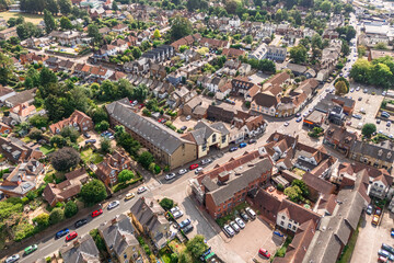 Aerial drone shot over the town of Bishops Stortford in England