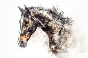 A horse with a brown and white face is the main focus of the image. The horse's head is drawn in a way that it is in motion, with its mane and tail flowing behind it